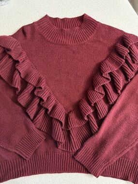 Timing Ruffle-Trim Turtleneck Sweater in Wine